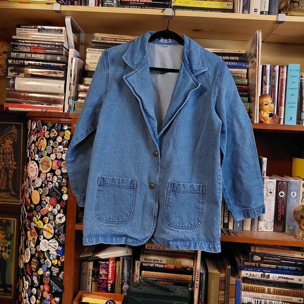The Blue Denim Jacket Y2K Oversized Small Blue Metal Buttons Patch Pockets
